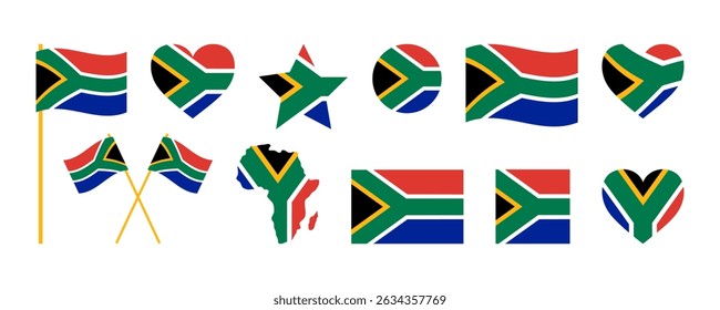 South African flag signs set, star shape, heart shape decorative element. Independence Day of South Africa. National symbols of Heritage Day in South Africa. Nelson Mandela International Day