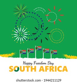 South African freedom day celebration vector illustration. National day of reconciliation greeting card with flags and fireworks.