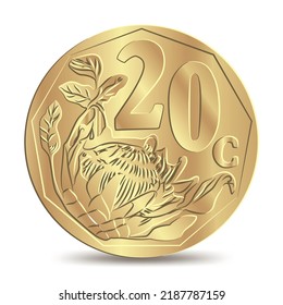 South African golden twenty cent coin isolated on white background in vector illustration