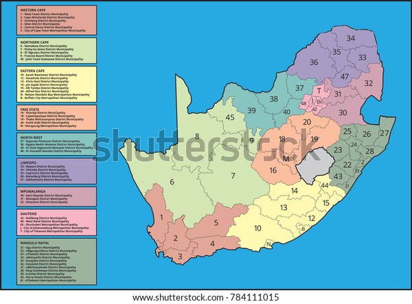 South\
African Map with Provinces Labelled, Sectioned, Divided, Numbered\
and Colour Coded into Various Municipal\
Districts