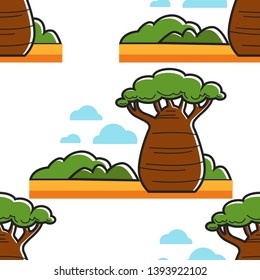 South African nature seamless pattern baobab tree in savannah vector plant and landscape thick trunk and green foliage endless texture traveling and tourism exotic country safari wallpaper print
