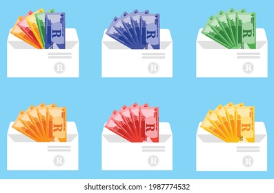 South African Rand All Banknotes  Money In Paticular Envelope Vector Icon. South Africa Currency, Business, Finance And Payment Element. Can Be Used For Web, Mobile, Infographic Print.