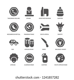 South African Rand, Rwandan Franc, Tanzanian Shilling, Sphinx, Malagasy Ariary, Knife, drum, Canteen icon 16 set EPS 10 vector format. Icons optimized for both large and small resolutions.