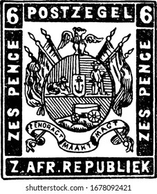 South African Republic Envelope (6 pence) from 1872-1873, a small adhesive piece of paper was stuck to something to show an amount of money paid, vintage line drawing or engraving illustration.
