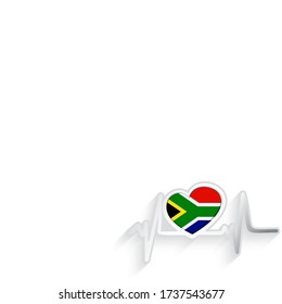 South African Republic flag heart shaped and heartbeat line isolated on white. South African Republic Patriotic Background. Vector illustration.