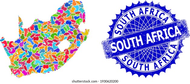 South African Republic map vector image. Splash pattern and scratched seal for South African Republic map. Sharp rosette blue seal with text for South African Republic map.