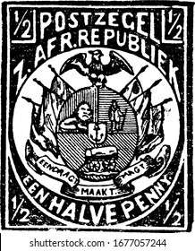South African Republic Stamp (1/2 penny) from 1885, a small adhesive piece of paper stuck to something to show an amount of money paid, vintage line drawing or engraving illustration.