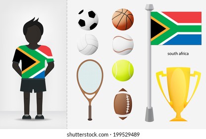 South African sportsman with sport equipment collection vector illustrations