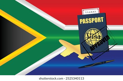 South African Travel Documentation Concept with blue Passport and South Africa Flag. Approved Stamp. Airplane and Travel Tickets. Ideal for Immigration Tourism and Traveling Themes. Vector EPS