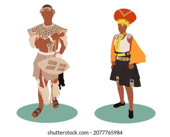 South African zulu man and women in traditional outfit illustration.