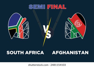 Concepto de partido de cricket Sudáfrica vs Afganistán. Banderas rivales de ambos Equipos con casco de cricket aislado en fondo oscuro. Archivo EPS editable. Concepto de partido SA vs AFG.