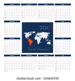 South America 2016 Calendar Vector Template. Week Starts Sunday.