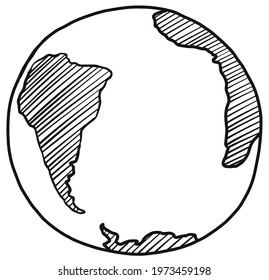 South America, Africa, Antarctica continents and Atlantic ocean on globe linear hand drawing sketch vector doodle illustration
