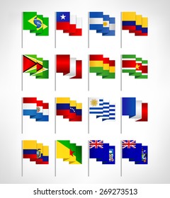 South America all continent countries flags set. Flat design.