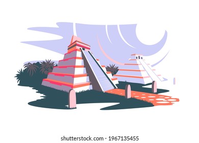 South america and ancient mayan pyramids vector illustration. Landscape with south american landmarks and statues on easter island flat style. Archeology concept. Isolated on white background