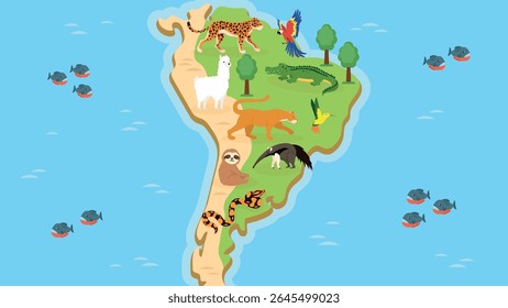 South America Animal map vector illustration in flat design. World zoo day concept.