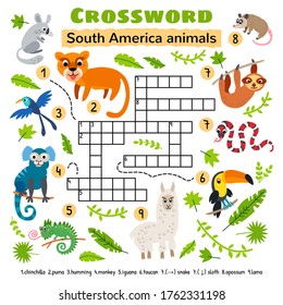 South America animals crossword. For preschool kids activity worksheet. Children crossing word search puzzle game