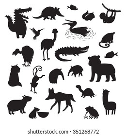 South America animals silhouettes,isolated on white background black contour vector illustration. South America animals contour.South America mammals big vector set.Preschool, baby, drawn, educations