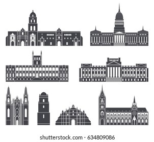 South America. Architecture. Isolated American buildings on white background