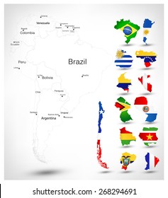 South America blind map with countries flags overlaid on outline state maps.