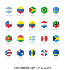 South America and Caribbean Flag Icons. Hexagon Flat Design.