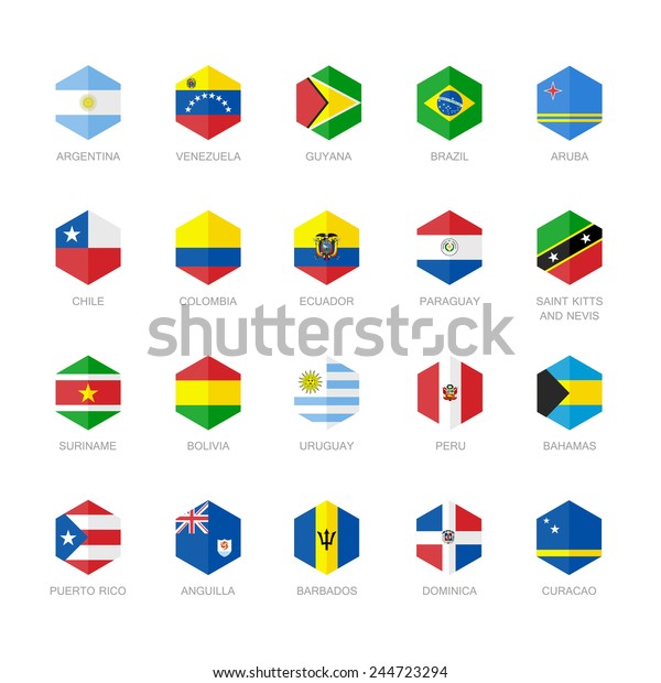 南米とカリブ海の国旗のアイコン 六角形フラットデザイン のベクター画像素材 ロイヤリティフリー