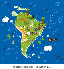 South America cartoon world kid map vector animal, birds, nature, plants traditions, people poster background printable planet earth design