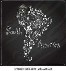 South america chalkboard  hand drawn concept with continent shape and travel symbols vector illustration