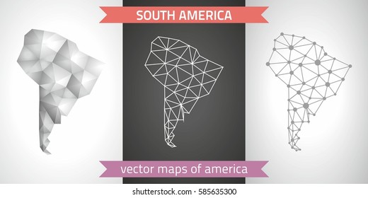 Colección sudamericana de diseño vectorial mapas modernos, mapa 3d de mosaico de contorno gris y negro y plata