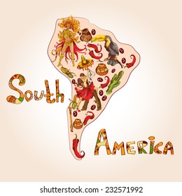 South america colored sketch concept with continent shape and travel symbols vector illustration.