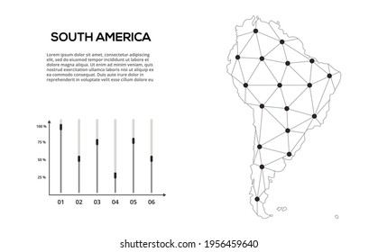 South America communication network map. Vector image of a low poly global map with city lights. Map in the form of lines and dots