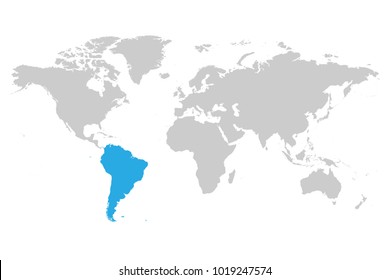 América do Sul continente azul marcado em silhueta cinza do mapa do mundo. Ilustração simples vetorial plana.