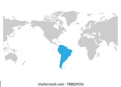 El continente sudamericano azul marcado en silueta gris del mapa mundial. Simple ilustración vectorial plana.