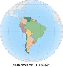 South America continent is divided by country on the Globe