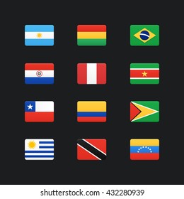 South America Continent Flags. Vector Icons Set.