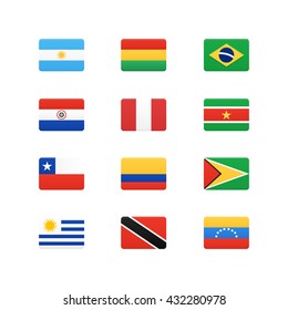 South America Continent Flags. Vector Icons Set.