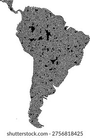 South America continent map composed of numerous small black dots on a white background