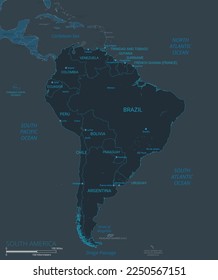 South America Continent map. High detailed map of South America with countries, borders, cities, water objects. Vector illustration eps10.