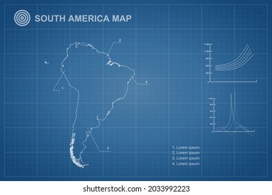 South America Continent Map - World Map International vector template with outline style and white color isolated on blueprint background - Vector illustration eps 10