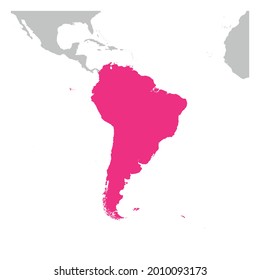 South America continent pink marked in grey silhouette of World map. Simple flat vector illustration