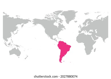 South America continent pink marked in grey silhouette of World map. Simple flat vector illustration.