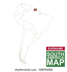 South America contoured map with highlighted Suriname. Suriname map and flag on South America map. Vector Illustration.