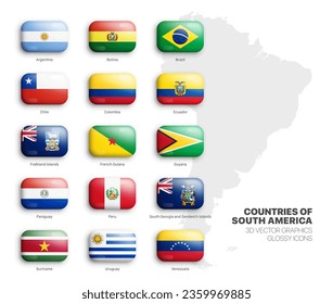 Los Países De Sudamérica Con Banderas De Vector 3D Sonaron Iconos Glosamente Aislados En Blanco. Banderas Nacionales Oficiales Estadounidenses Brillantes Colección De Botones Redondos Convexos Sobre Fondo Ligero