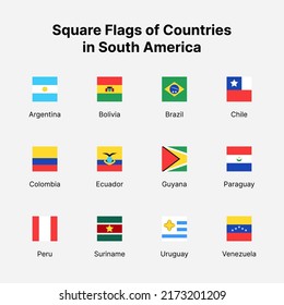 South America countries flags. Square flags of countries in South America.