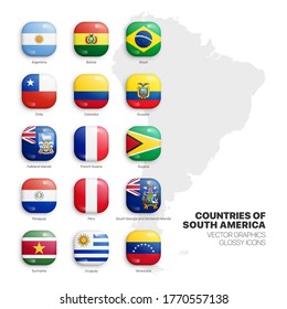 South America Countries Flags Vector 3D Glossy Icons Set Isolated On White Background. American Official National Flags Square Bright Vivid Color Bulging Convex Buttons Collection On Light Backdrop