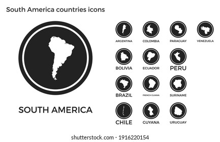 South America countries icons. Black round logos with continent countries maps and titles. Vector illustration.