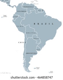 South America countries political map with national borders. Continent surrounded by Pacific and Atlantic Ocean. English labeling. Illustration.