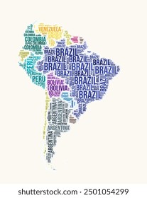 South America countries word cloud. Continent logo design. Countries typography style vector image. South America colored text cloud. Classy vector illustration.