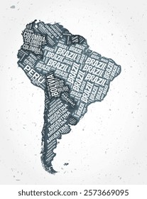 South America countries word clouds. Continent shape on textured background. South America design in typographic style. Classy vector illustration.