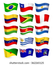 South America country flying flat flags pack.All elements are separated in editable layers clearly labeled.